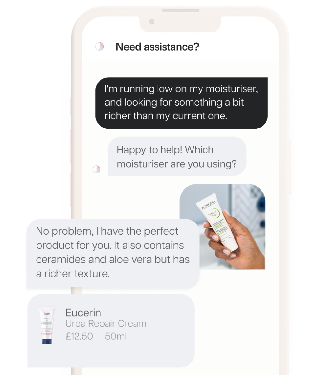 Mobile phone conversation with AI chat agent about skincare products