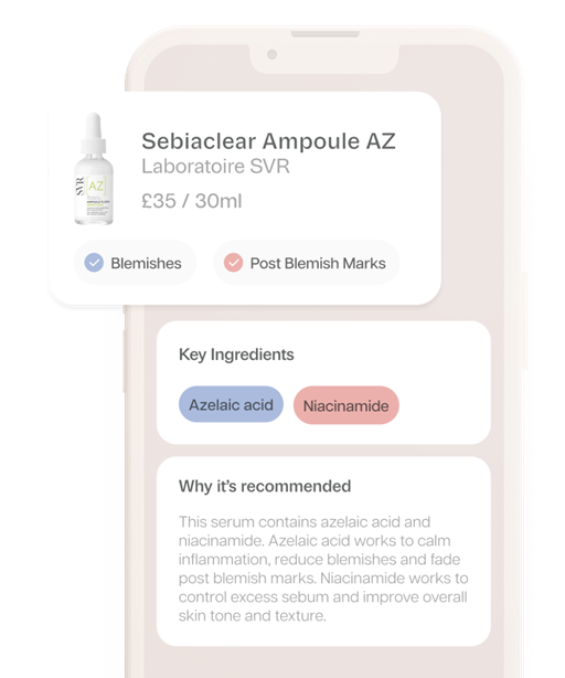 Mobile phone showing personalised skincare product recommendations and their key ingredients