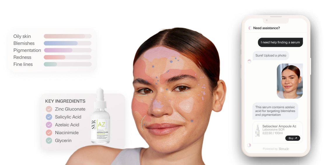 Young woman with AI facial skin analysis displaying results of different skin concerns and a personalised product recommendation with its ingredients and a phone with conversational messages. Hero Image