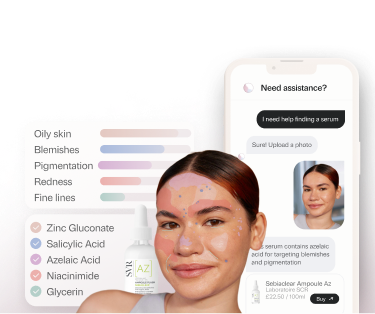 Young woman with AI facial skin analysis displaying results of different skin concerns and a personalised product recommendation with its ingredients and a phone with conversational messages. Mobile Hero Image